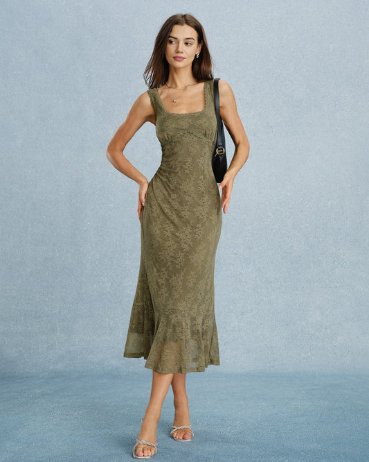 Green Square Neck Lace Floral Midi Dress