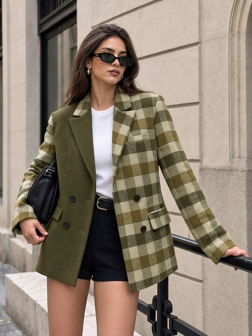 Color‑Block Plaid Double‑Breasted Wool Blazer