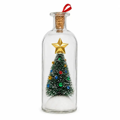 Clear Christmas Memory Bottle with snowy green tree, colorful ornaments, gold star, cork stopper and red hanging ribbon