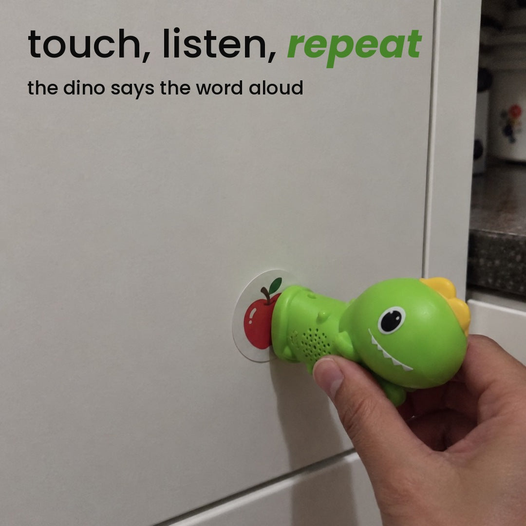 touch, listen, repeat: the dino says the word aloud