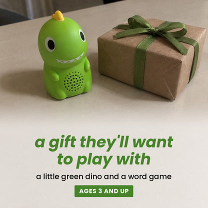 a gift they'll want to play with: a little green dino and a word game