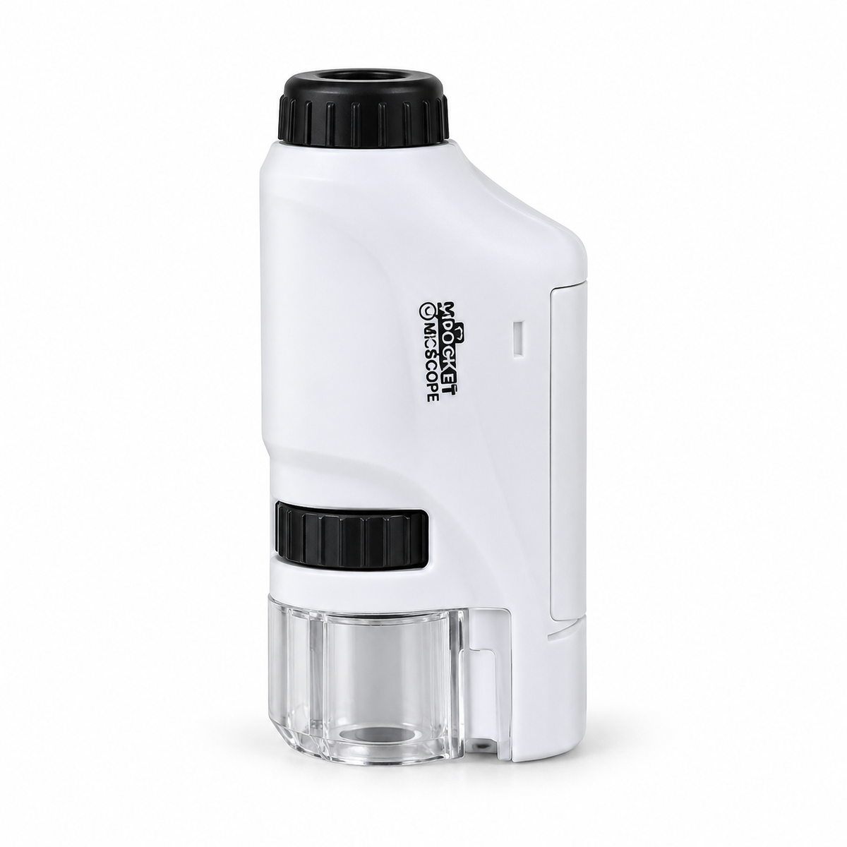 White MiniScope pocket microscope with black eyepiece, focus wheel and clear lens shroud