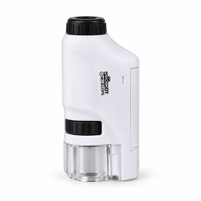 White MiniScope pocket microscope with black eyepiece, focus wheel and clear lens shroud