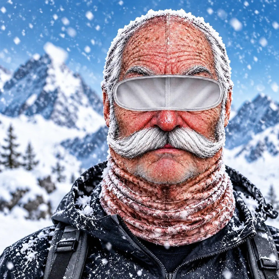 The Grandpa mask worn in falling snow, white handlebar moustache and frown, snowy peaks and blue sky behind.