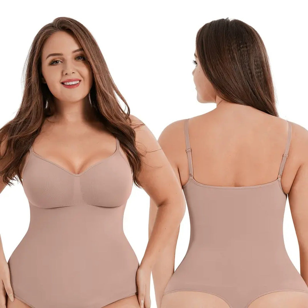 The product's own listing photo: a plus-size woman in the skin thong bodysuit, front and back views.