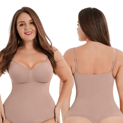 The product's own listing photo: a plus-size woman in the skin thong bodysuit, front and back views.