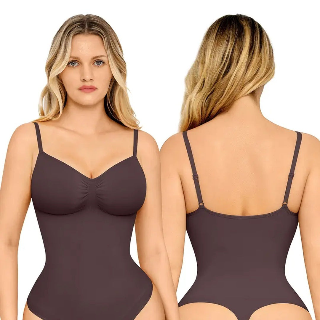 The product's own listing photo: a woman in the chocolate thong bodysuit, front and back views.