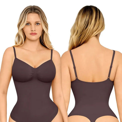 The product's own listing photo: a woman in the chocolate thong bodysuit, front and back views.