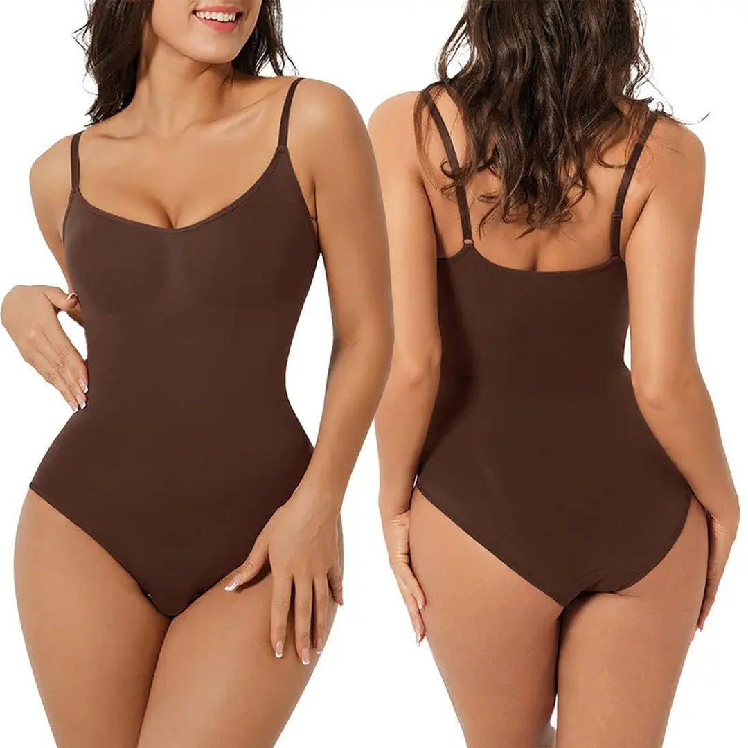 The product's own listing photo: a woman in the coffee panty bodysuit, front and back views.