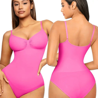 The product's own listing photo: a woman in the bright pink panty bodysuit, front and back views.