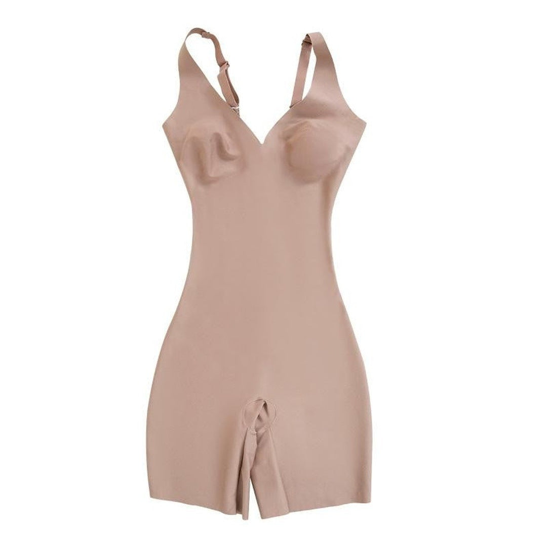 The khaki boyshort bodysuit lying flat, front view, white backdrop
