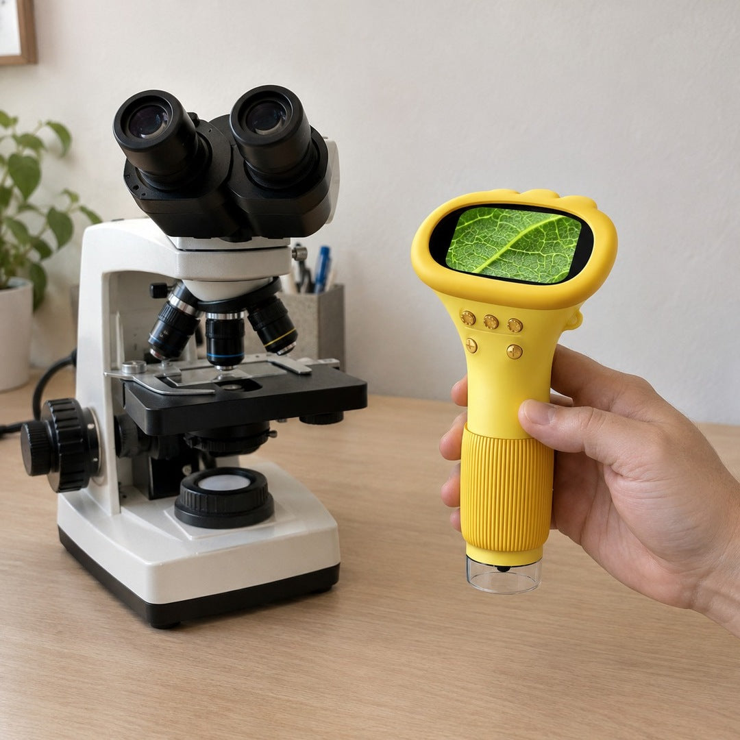 Left, a bulky tabletop eyepiece microscope on a desk; right, the yellow scope held in a hand, screen showing a leaf; white space above