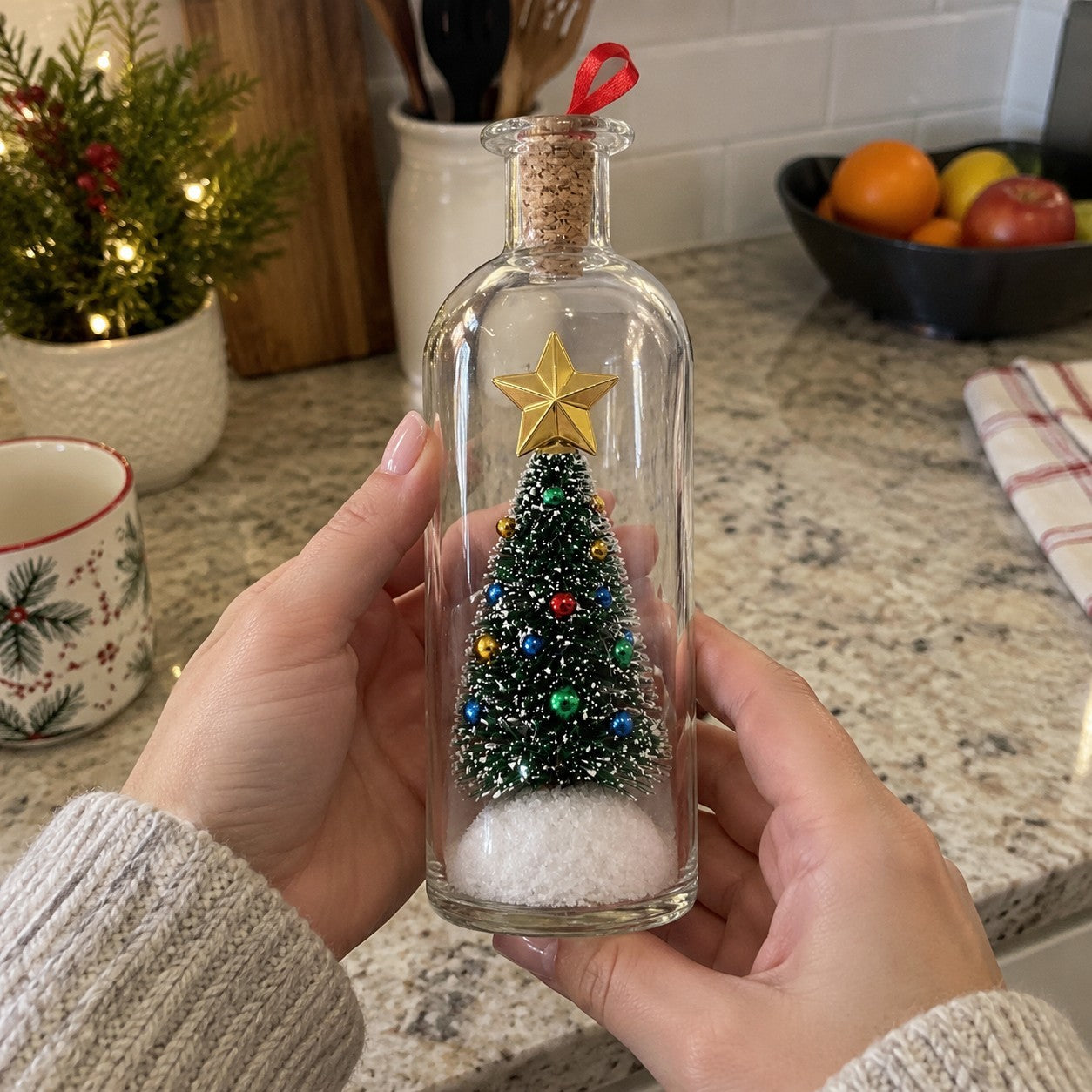 Hands holding the bottle at a kitchen counter