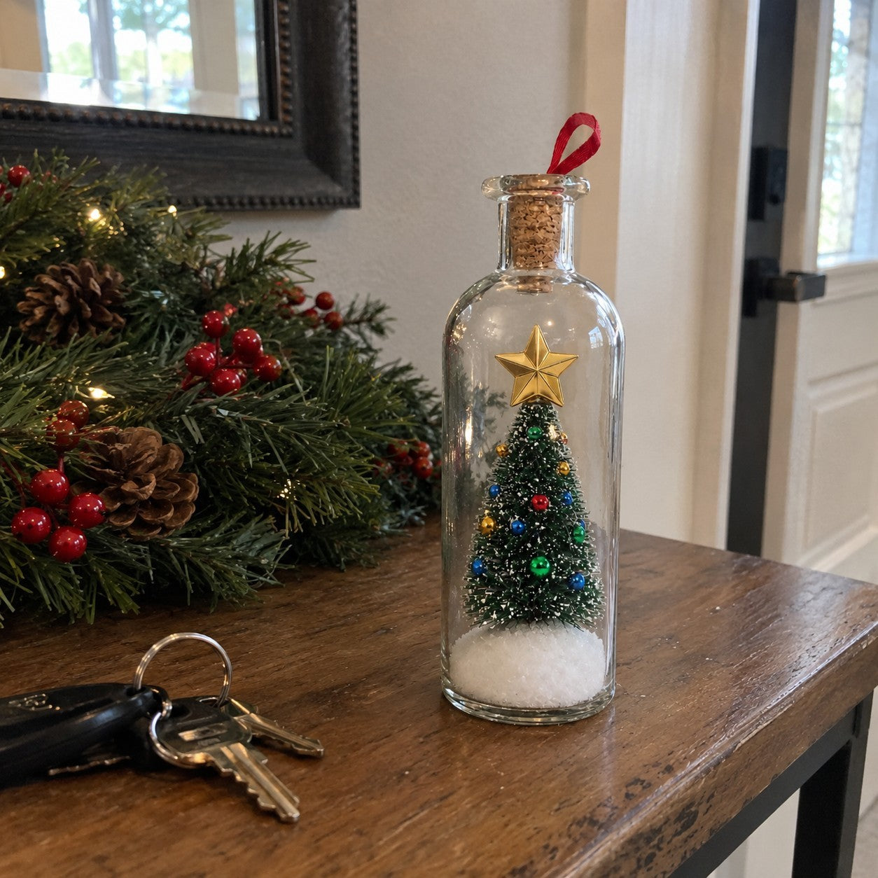 Bottle on an entryway console beside a wreath