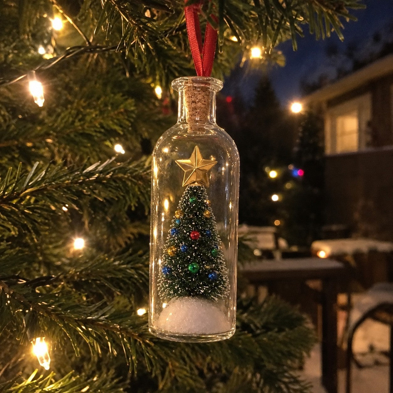 Bottle hanging by its ribbon from a tree branch