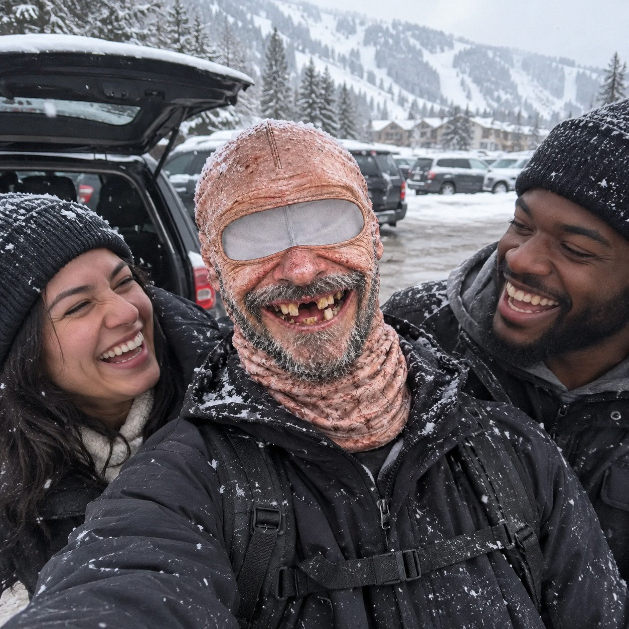 Friends laugh at a friend in the Uncle mask at a tailgate