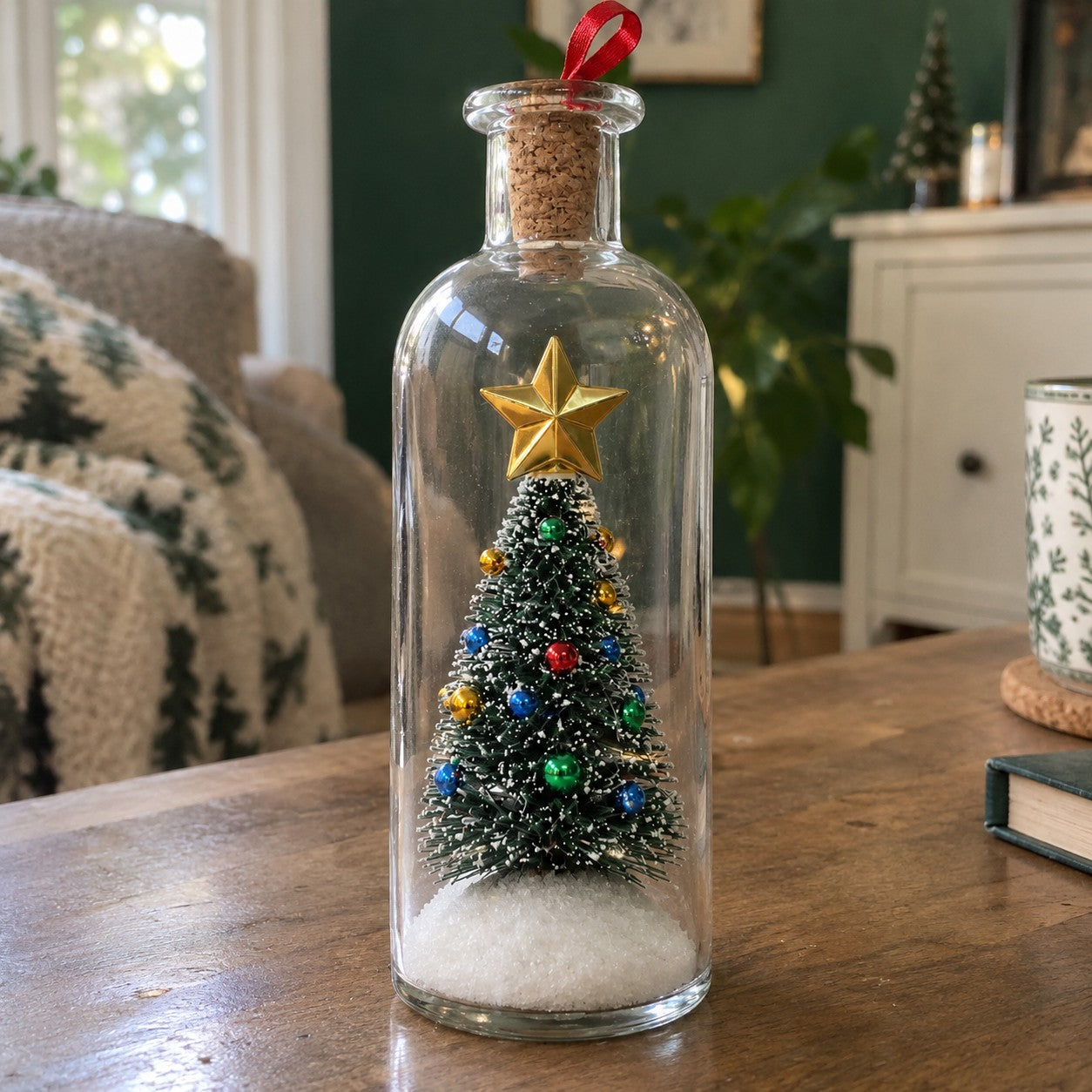 One clear bottle with the snowy tree, colored baubles, gold star, cork and red loop on a living room table