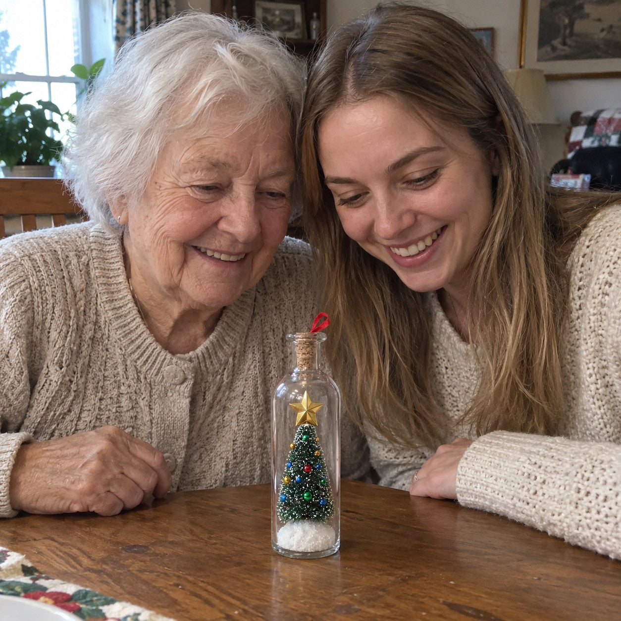 Grandmother and adult granddaughter smiling down at one bottle on their dining table