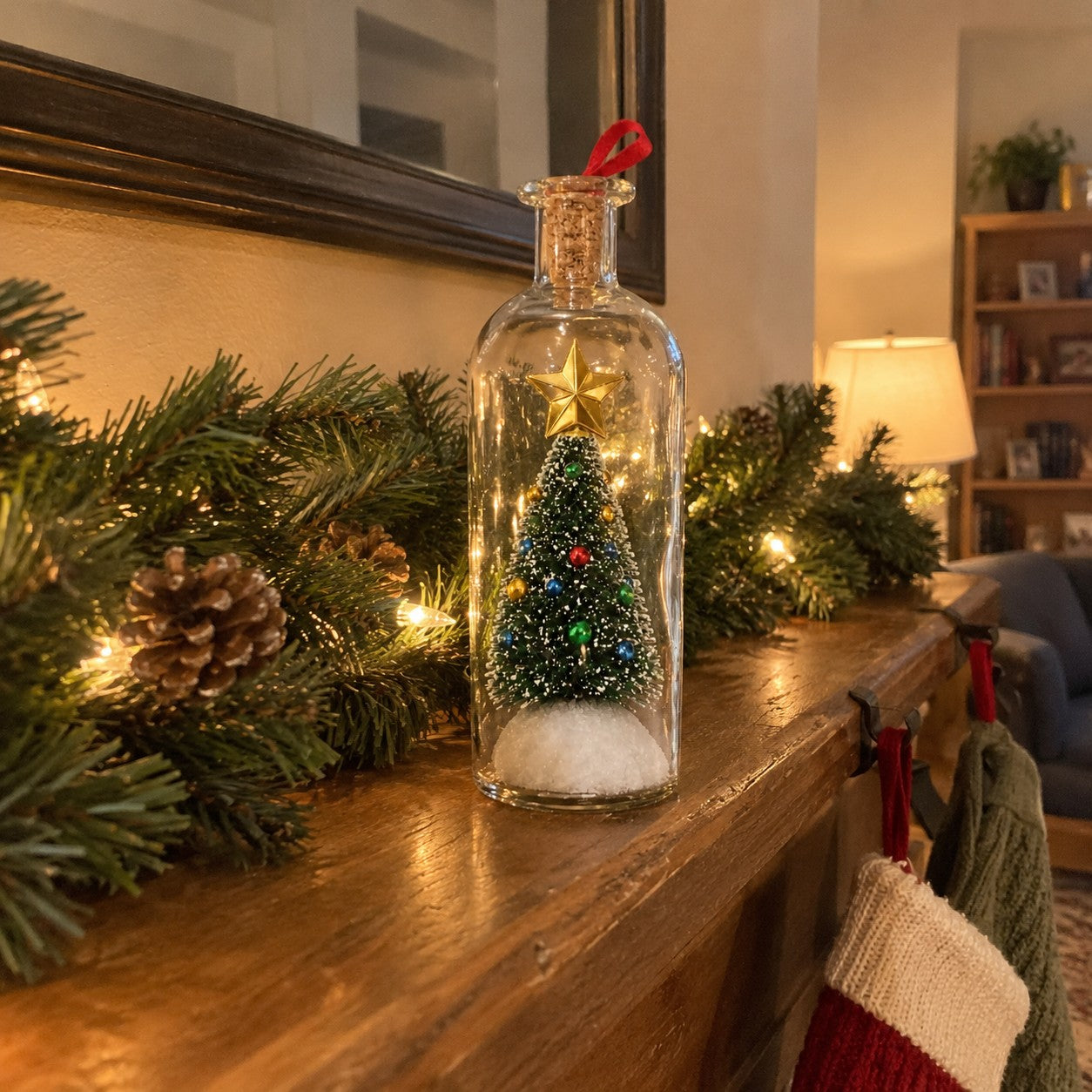 One matching bottle standing on a wooden mantel among garland and stockings