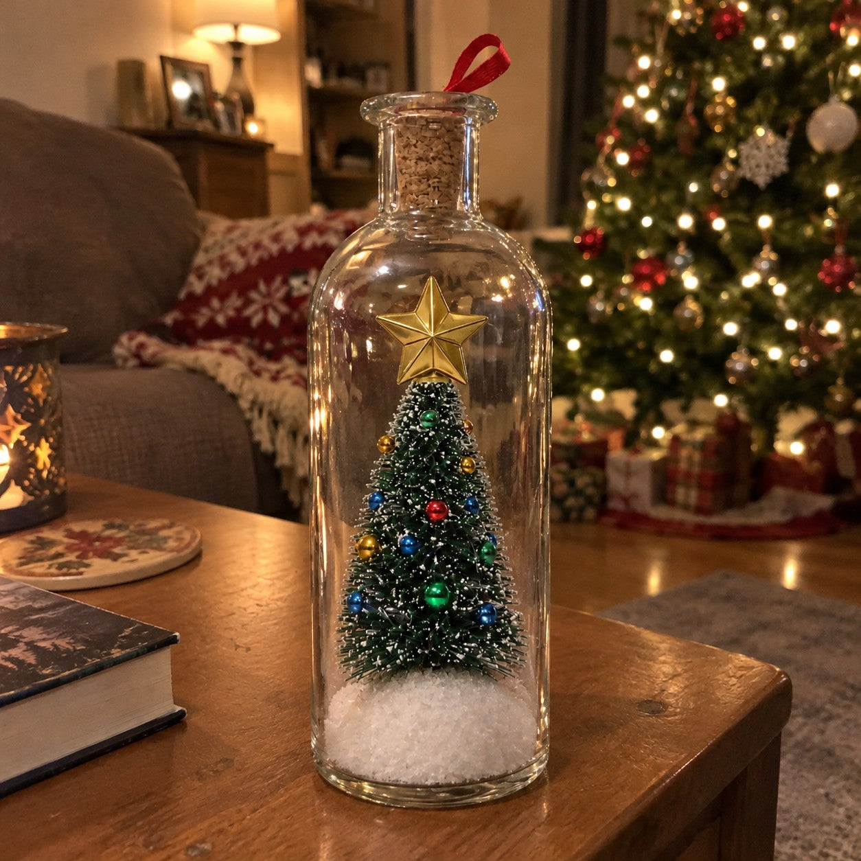 One matching bottle on a living room table with a Christmas tree behind it