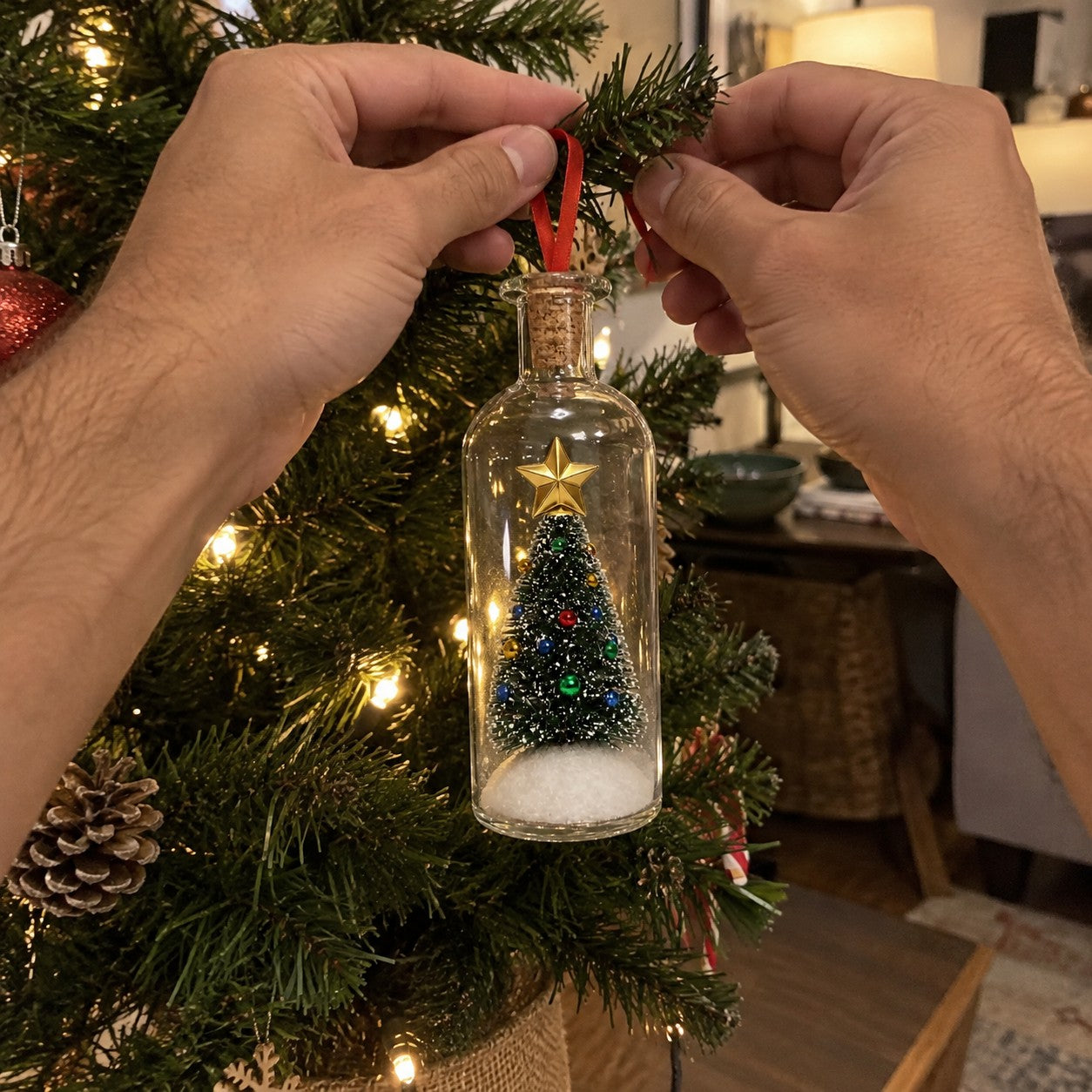 Two hands looping the red ribbon of one bottle onto a Christmas tree branch