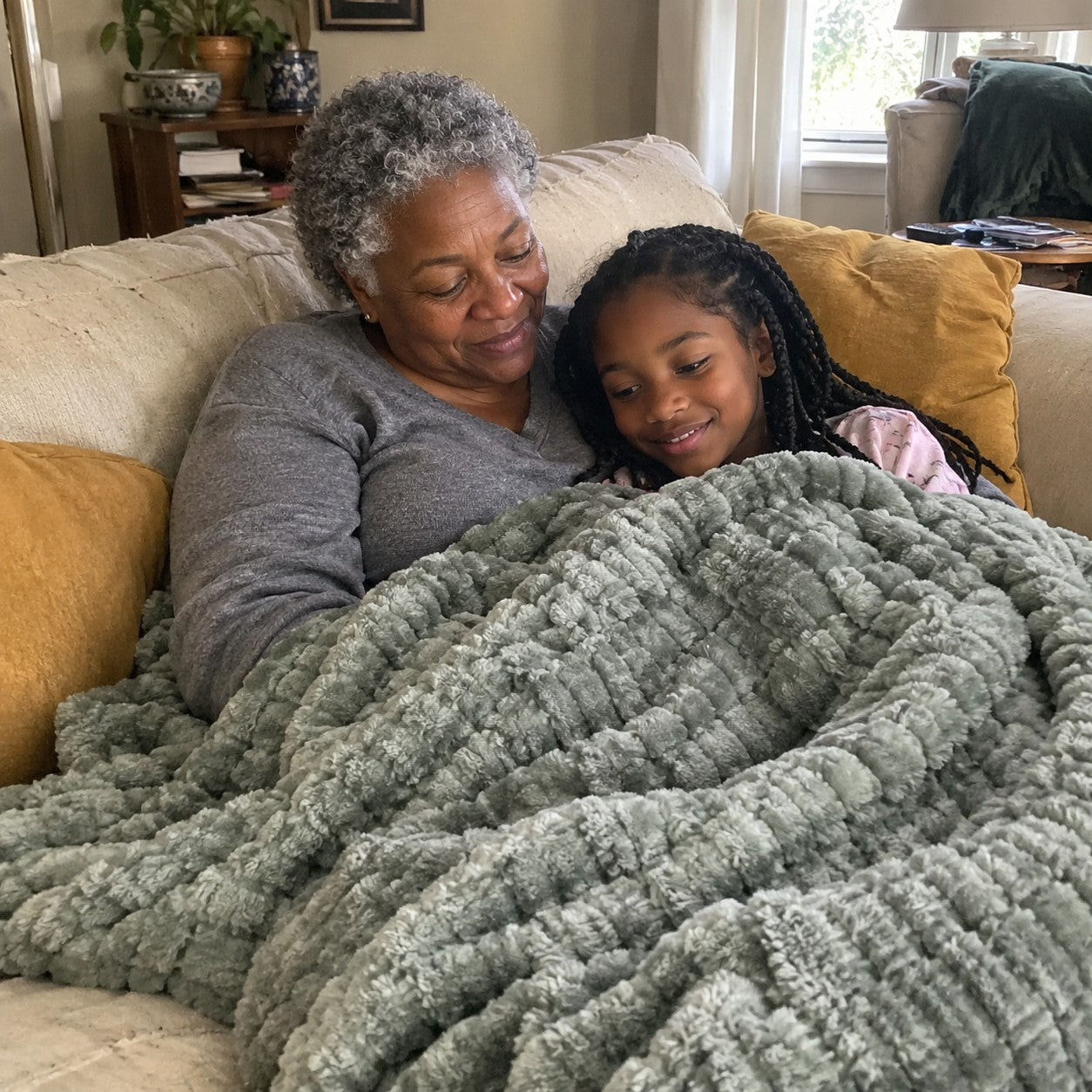 A gray-haired grandmother and her young granddaughter cuddled together under a Sage ribbed blanket on a couch
