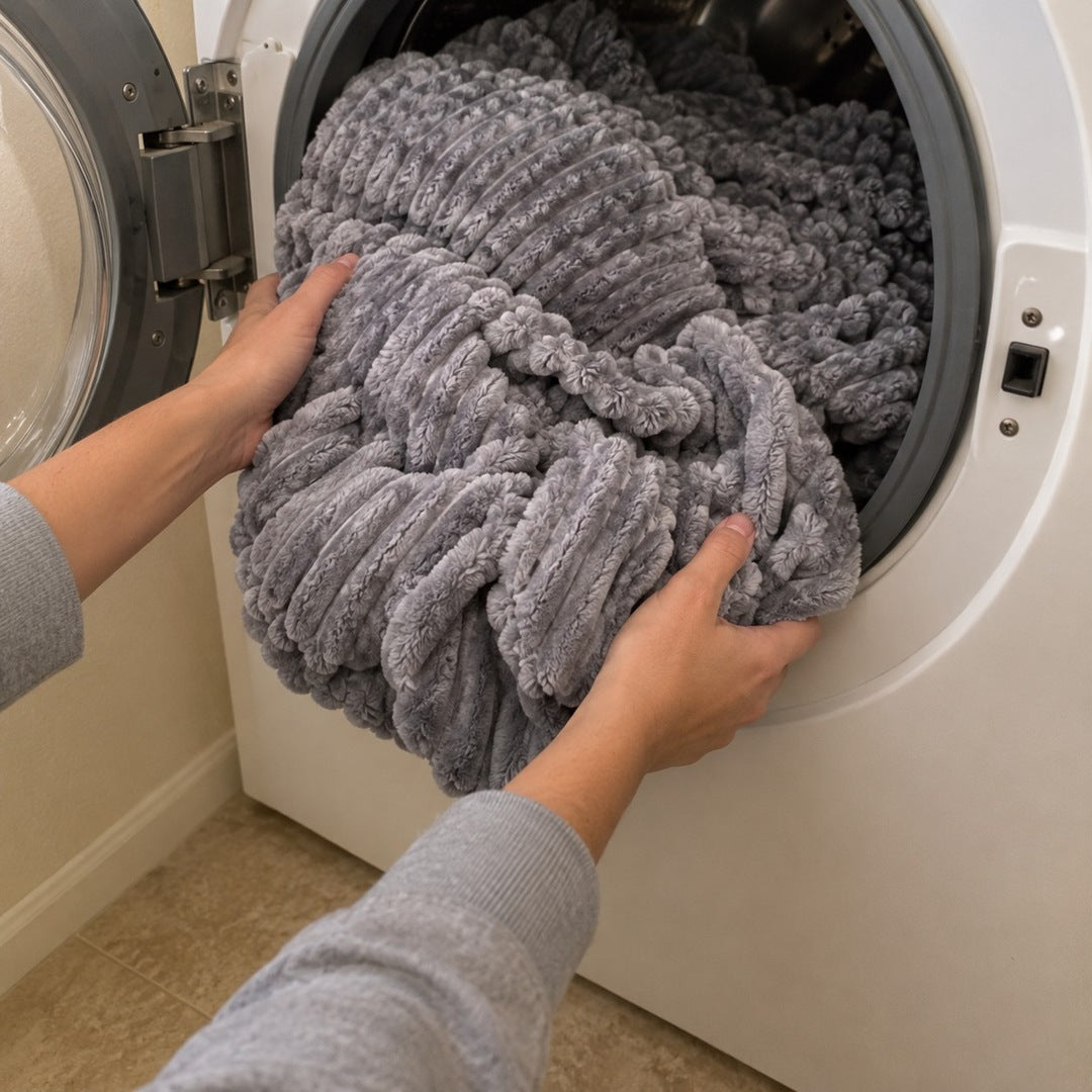 Hands lifting the Grey ribbed plush blanket out of a front-load washing machine