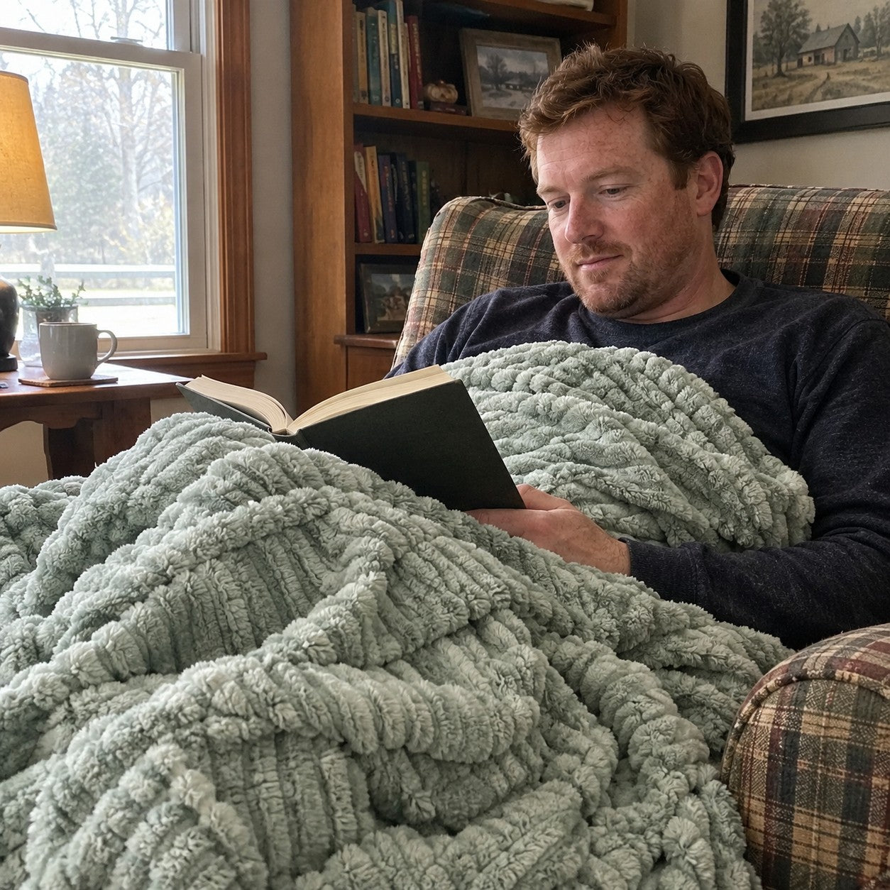 Owen reading on a checked armchair with the Sage ribbed plush blanket covering his lap and chest