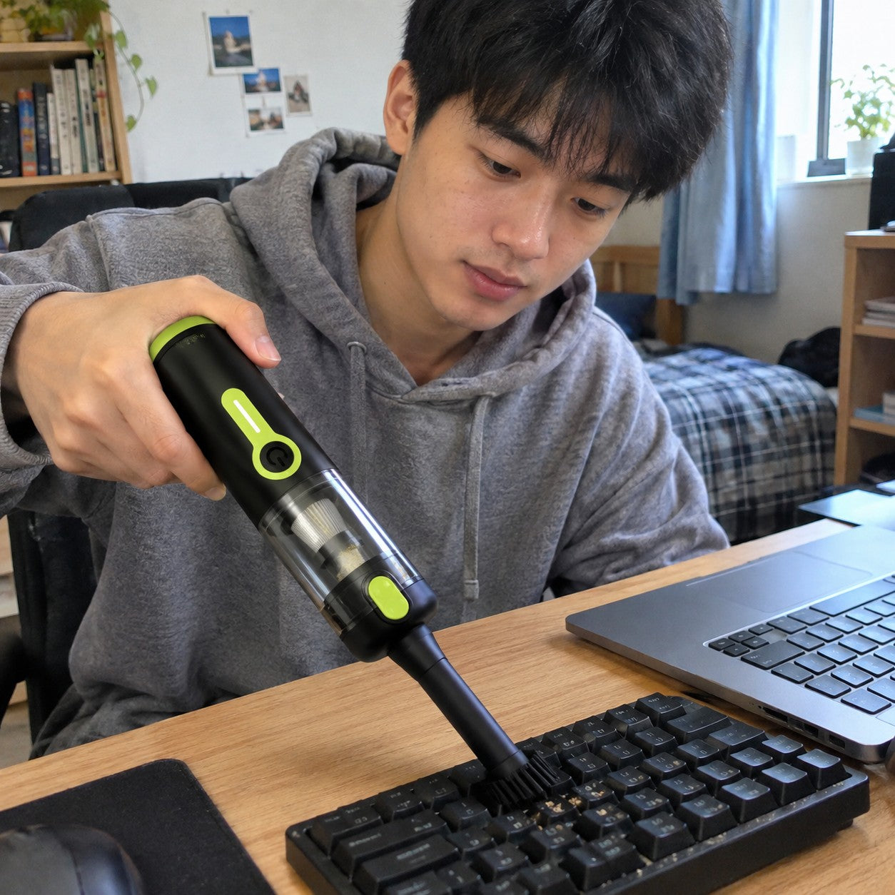 Young adult cleans a keyboard using the brush at the clear-cup suction end