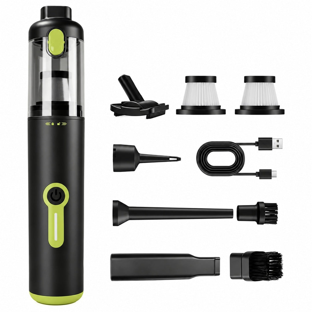 Clean full product photograph: cylindrical vacuum, interchangeable attachments, filters and USB cable