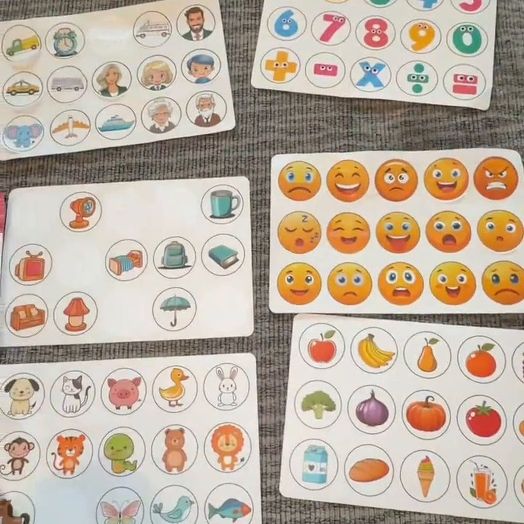 Six learning sticker sheets show everyday objects, animals, fruits, numbers and facial expressions