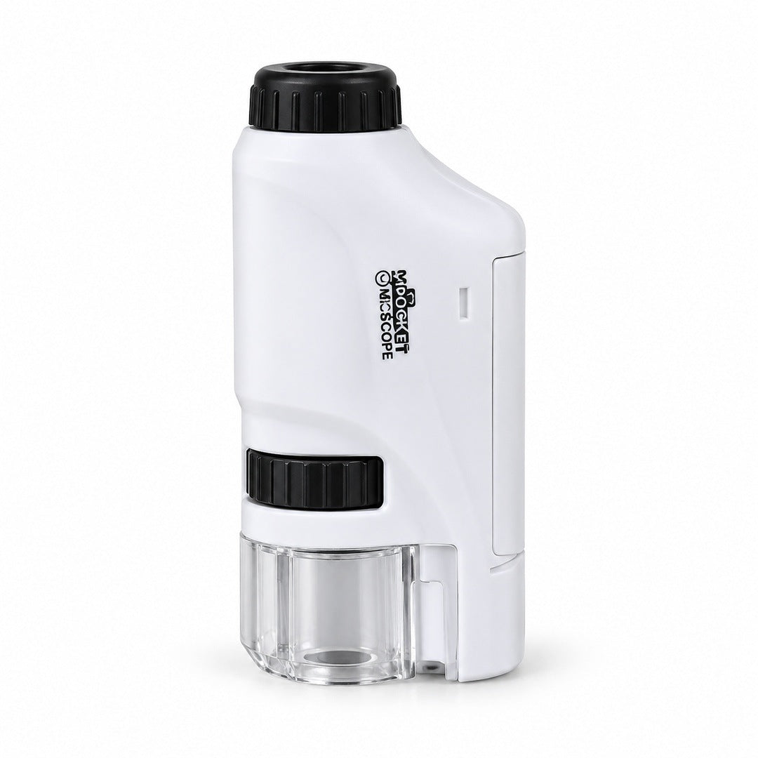 One white microscope on a plain white background with a black eyepiece, black wheel and clear lower shroud