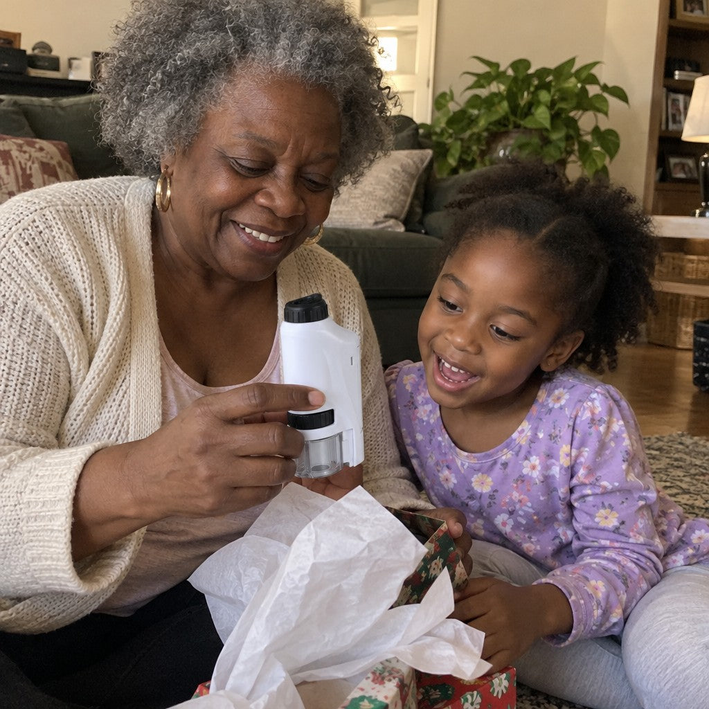 A grandmother and young granddaughter unwrap a small gift on a living-room rug. The grandmother holds the correct white-and-black microscope above