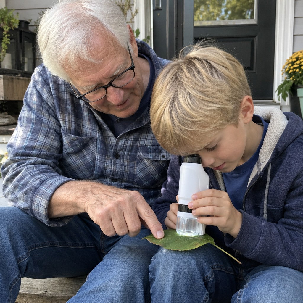 A grandfather in glasses points to a leaf while his blond grandson looks through the correct microscope on porch steps