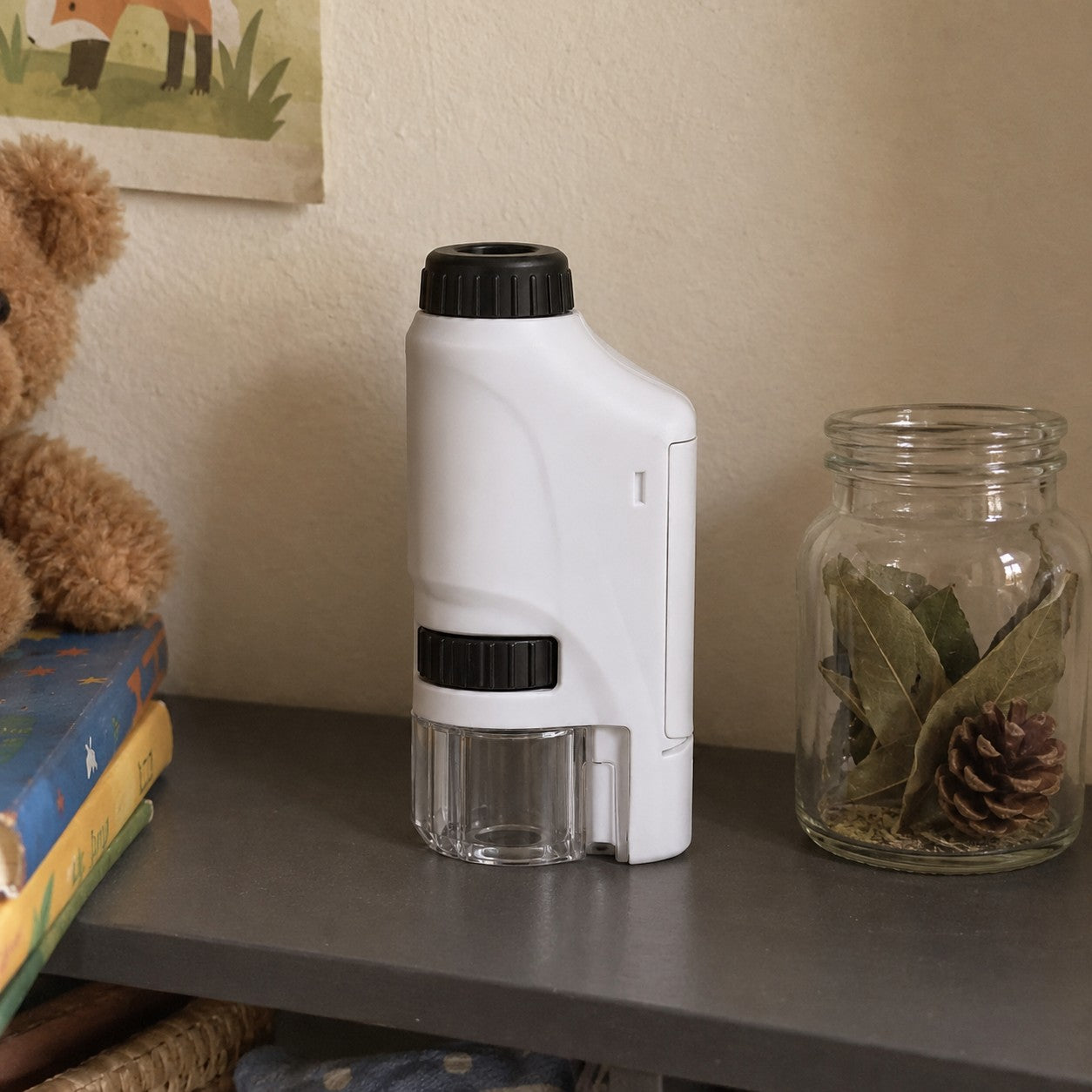 The white-and-black microscope stands on a bedroom shelf beside collected leaves and a pinecone, with no people