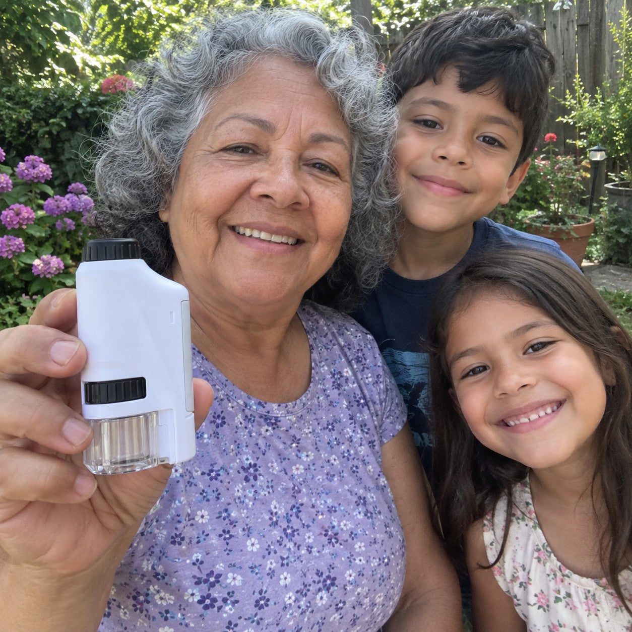 A gray-curly-haired grandmother in a purple floral blouse poses in a garden with two grandchildren, holding the microscope