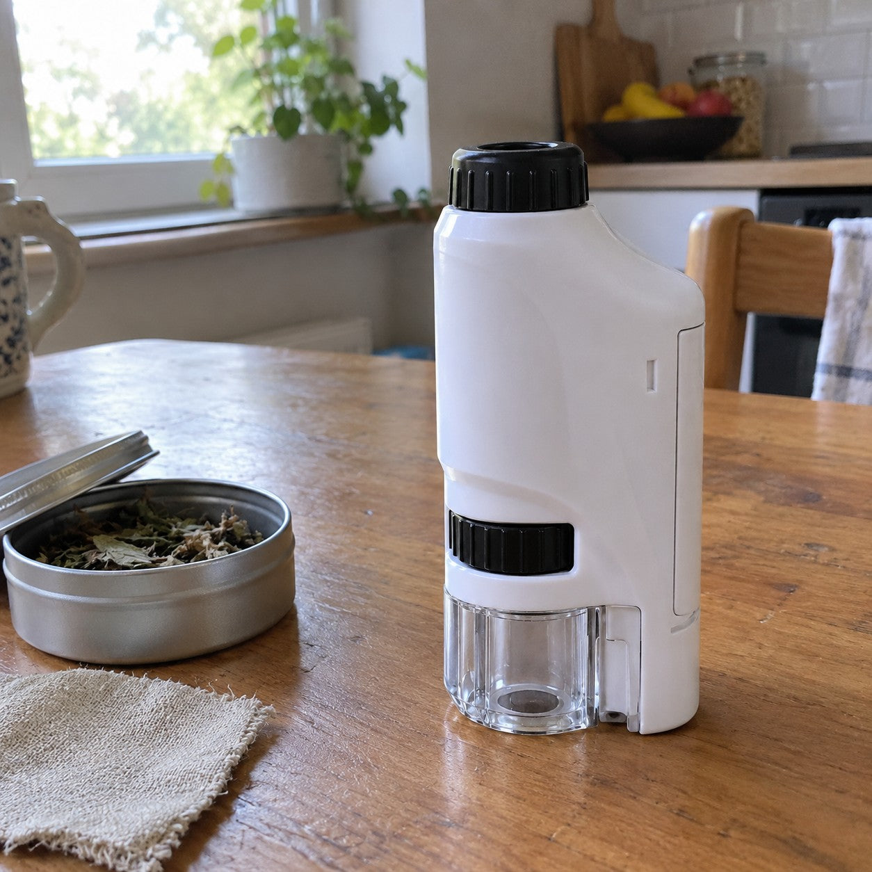 One white microscope stands on a wooden kitchen table beside a tin of leaves and a fabric scrap