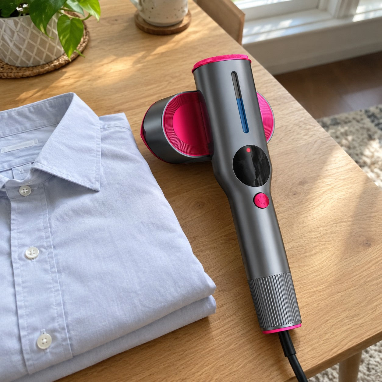 The gray and magenta steamer rests on its side beside a folded blue shirt on a wooden table