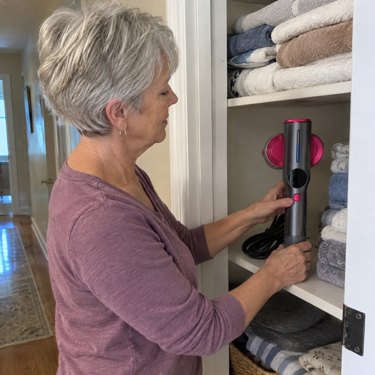 An older woman holds the switched-off corded steamer at a closet shelf beside folded towels