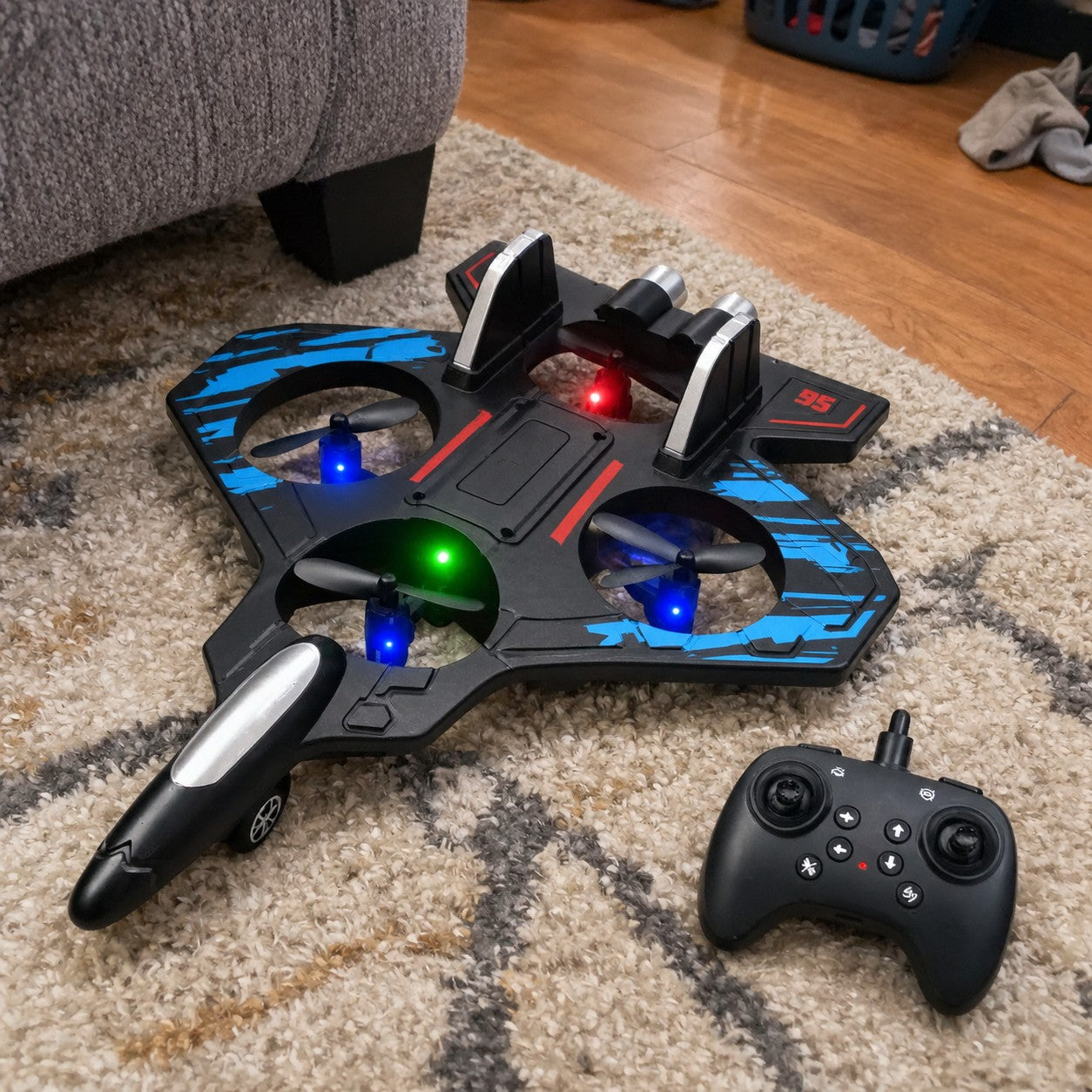 The jet and remote on a patterned rug