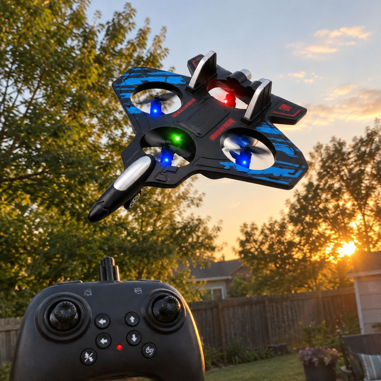 The jet flying over a backyard at sunset with the remote in front
