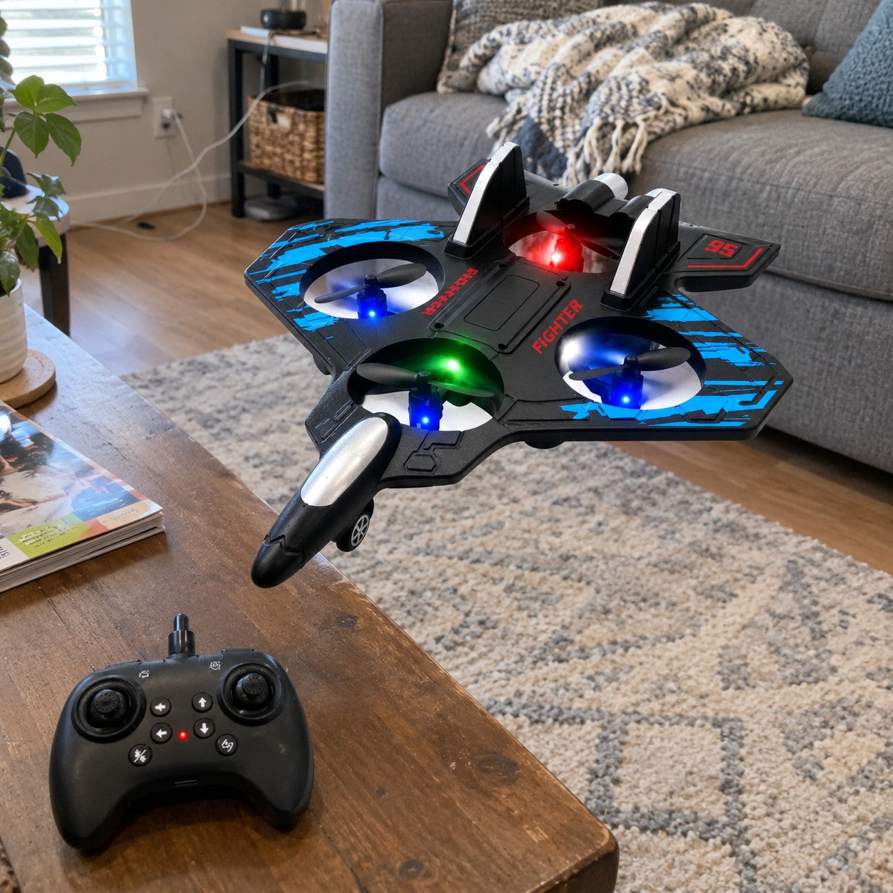 The jet over a living room rug with the remote on the table