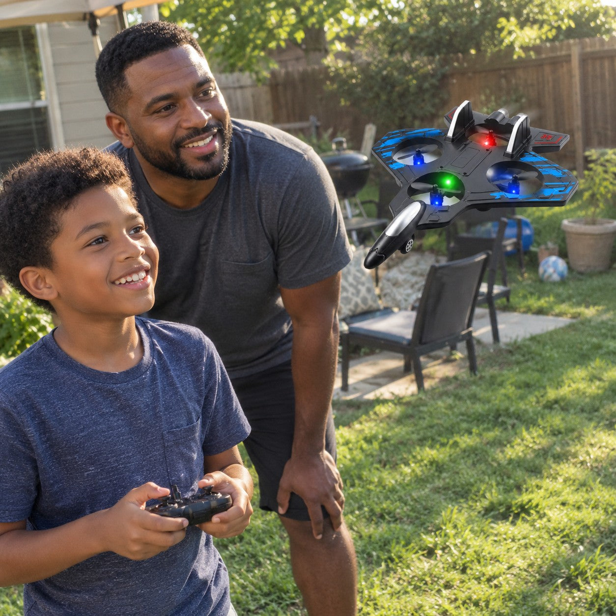 A man and his son flying the jet in a backyard