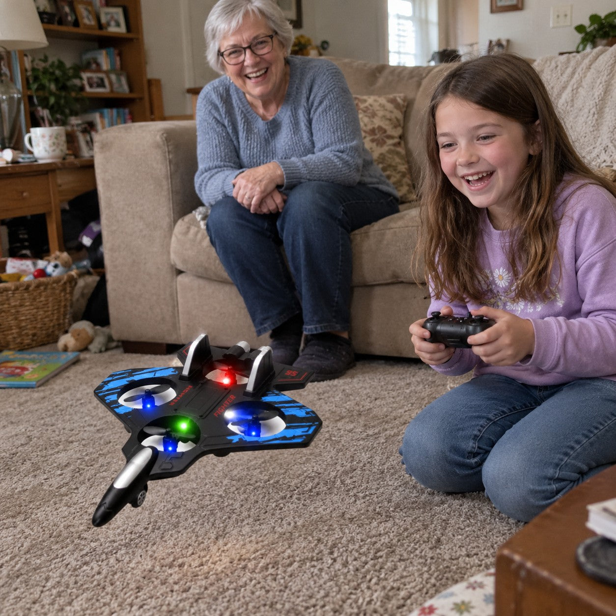 An older woman on a sofa with her granddaughter holding the remote