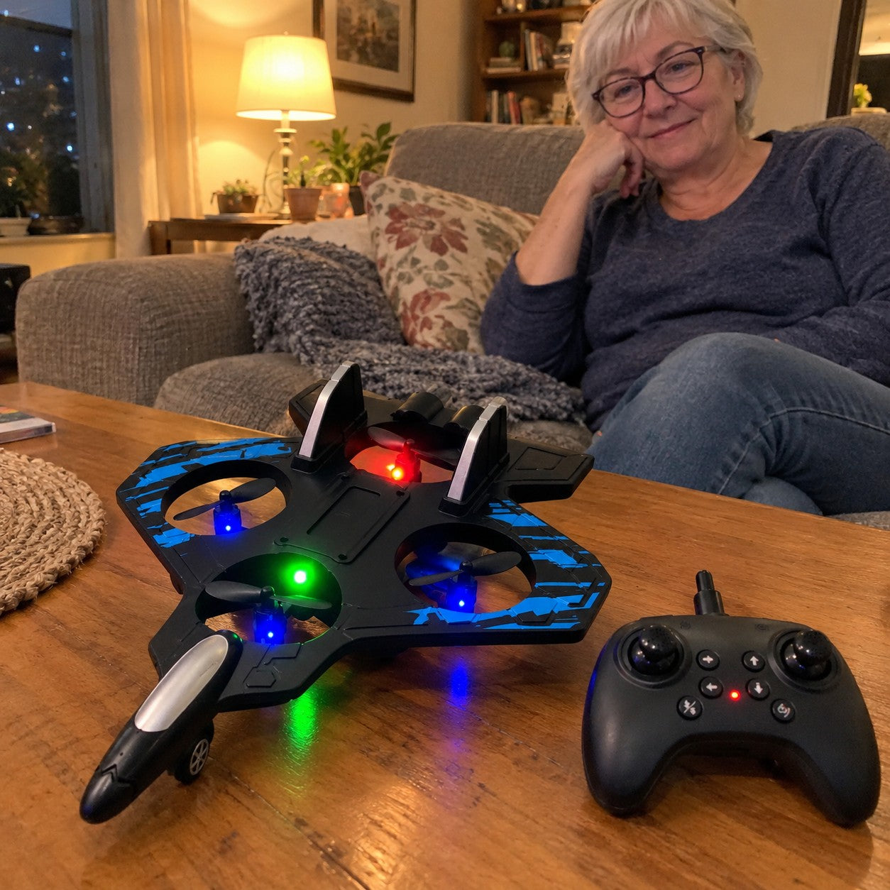 An older woman at a table with the jet and remote