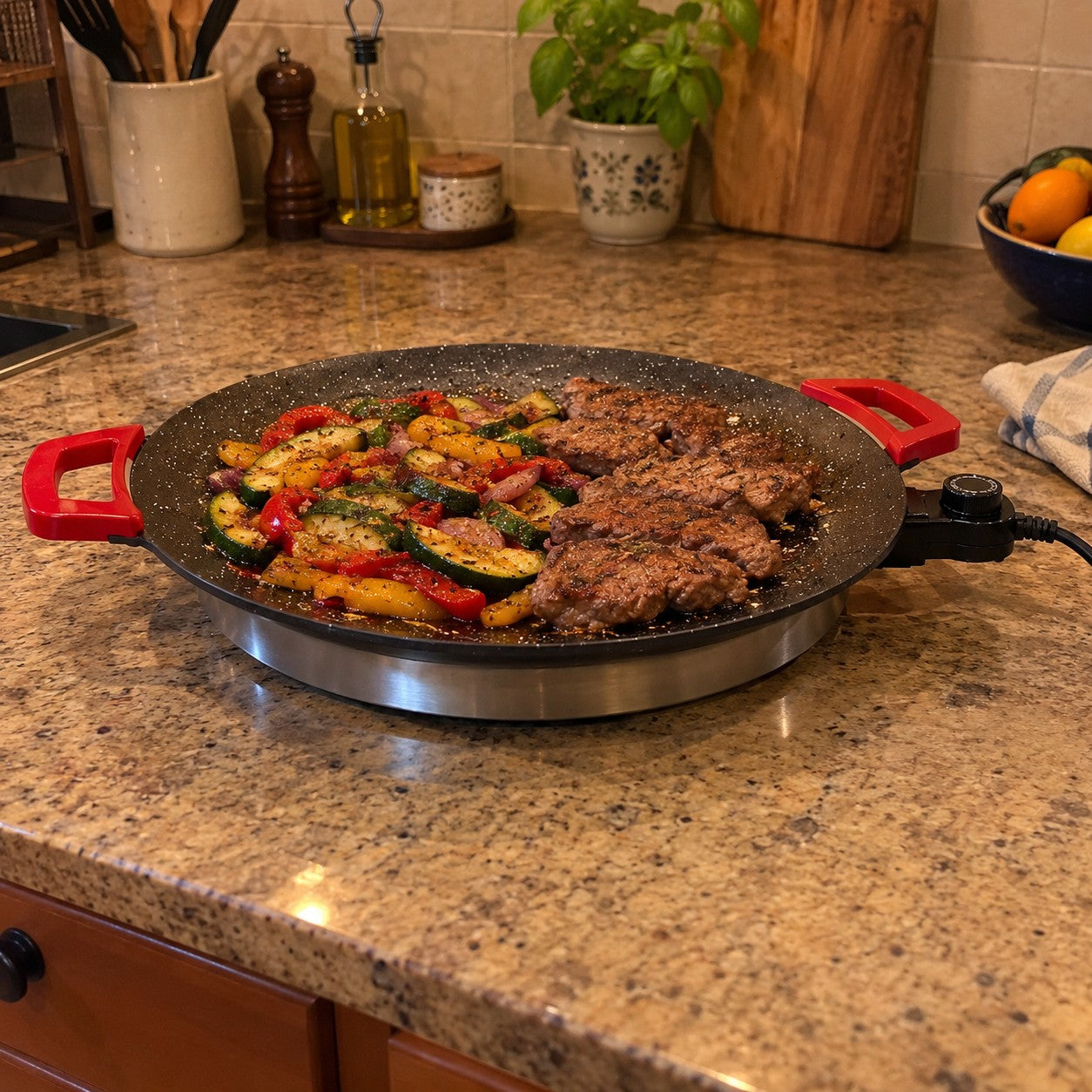 One round speckled grill with two red handles and the attached black controller with its round dial, holding steaks and vegetables