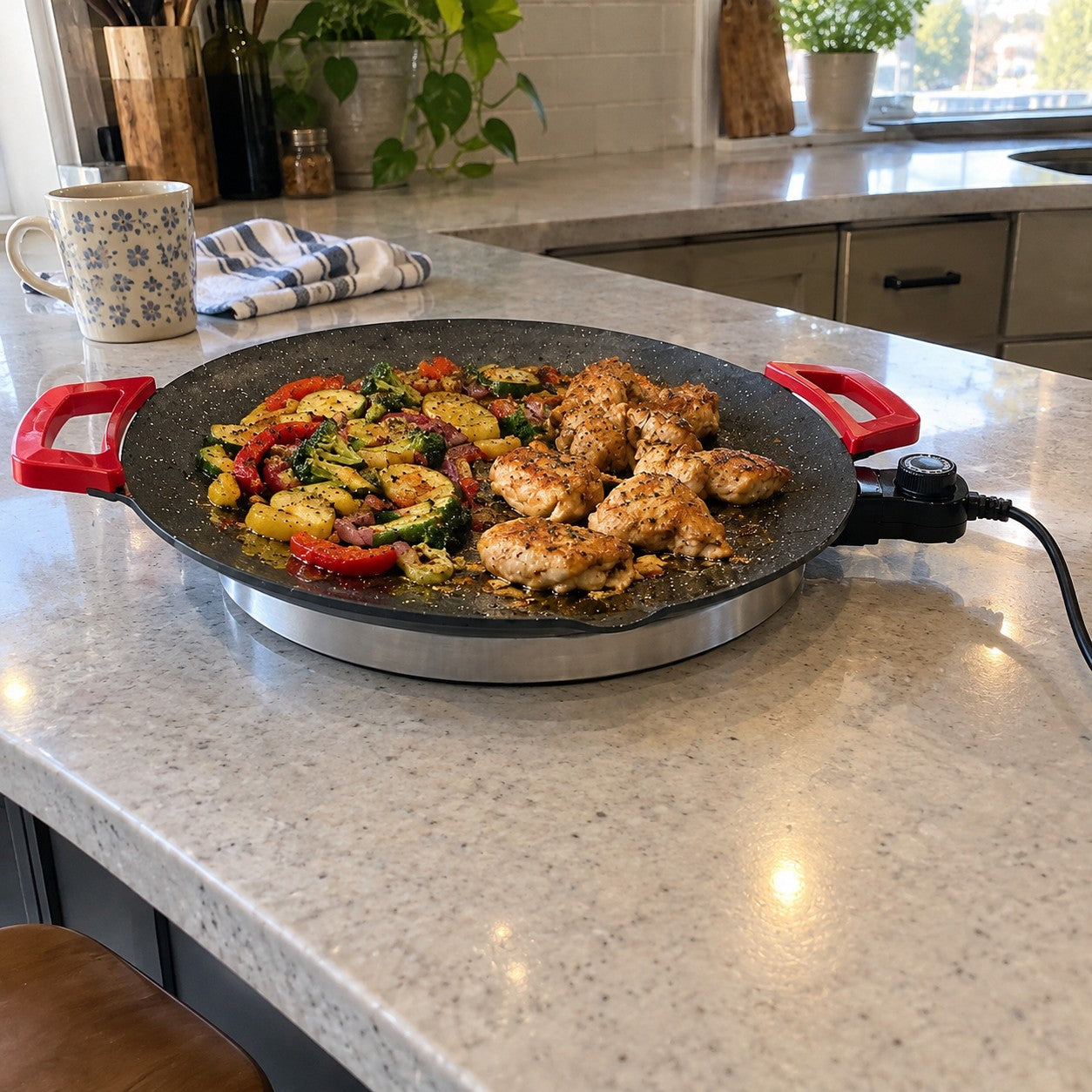 One round speckled grill with two red loop handles, an attached black dial controller and cord, cooking chicken and vegetables
