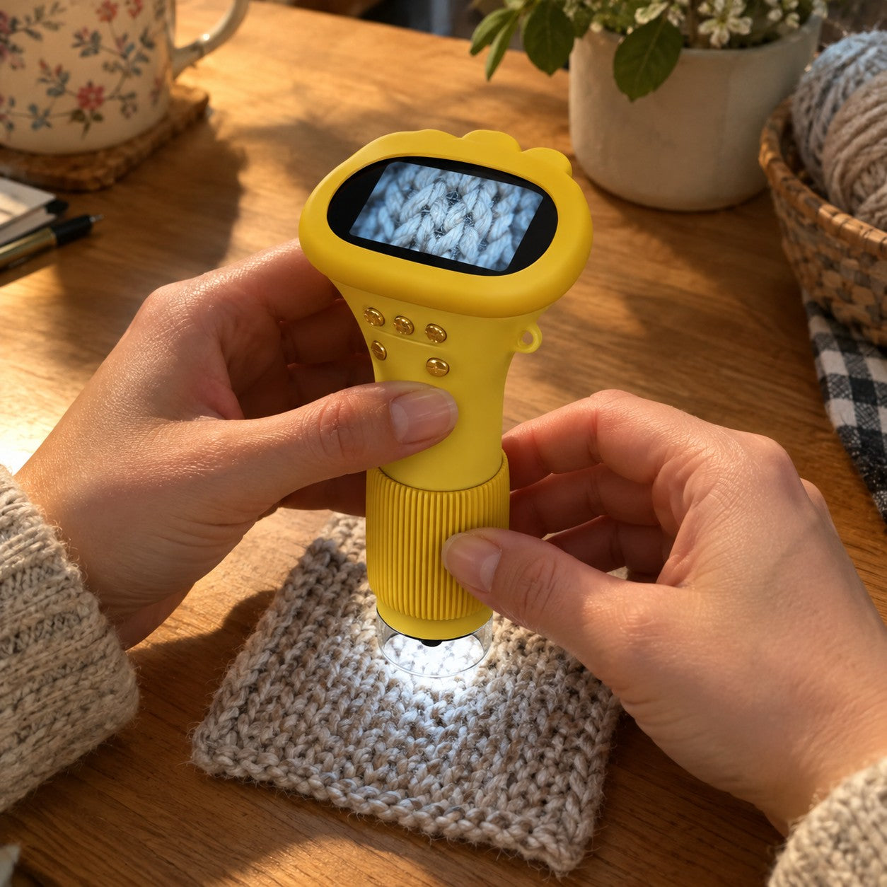 Hands twist the focus barrel over a knitted swatch