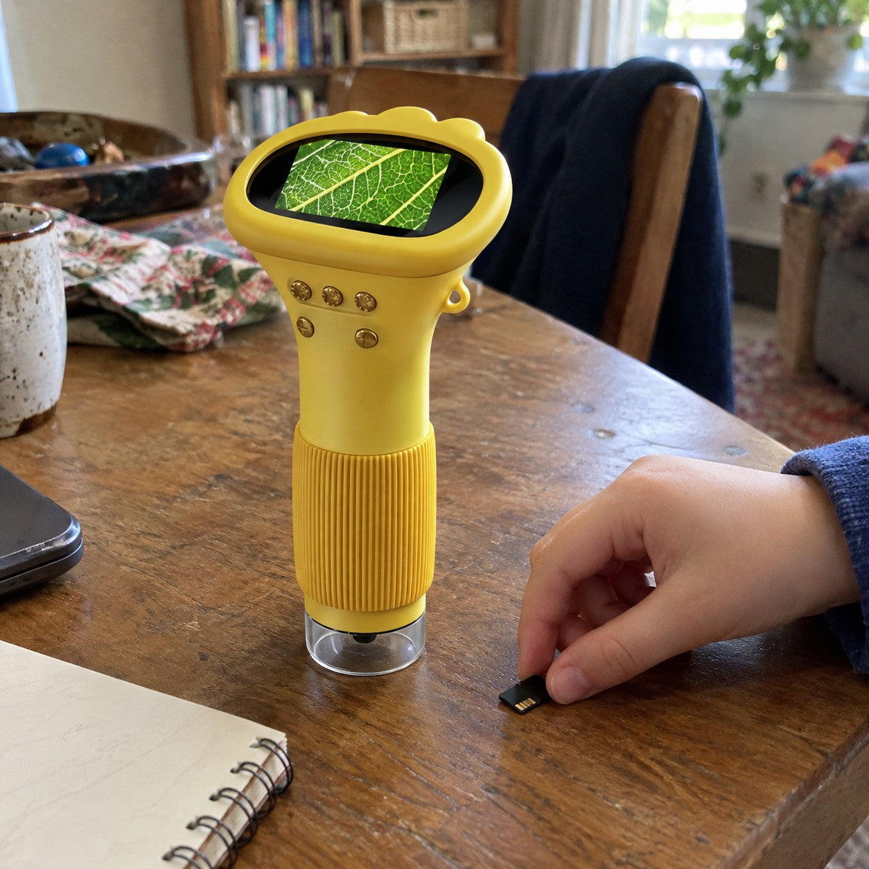 A child hand holds a microSD card beside the yellow scope displaying a saved leaf