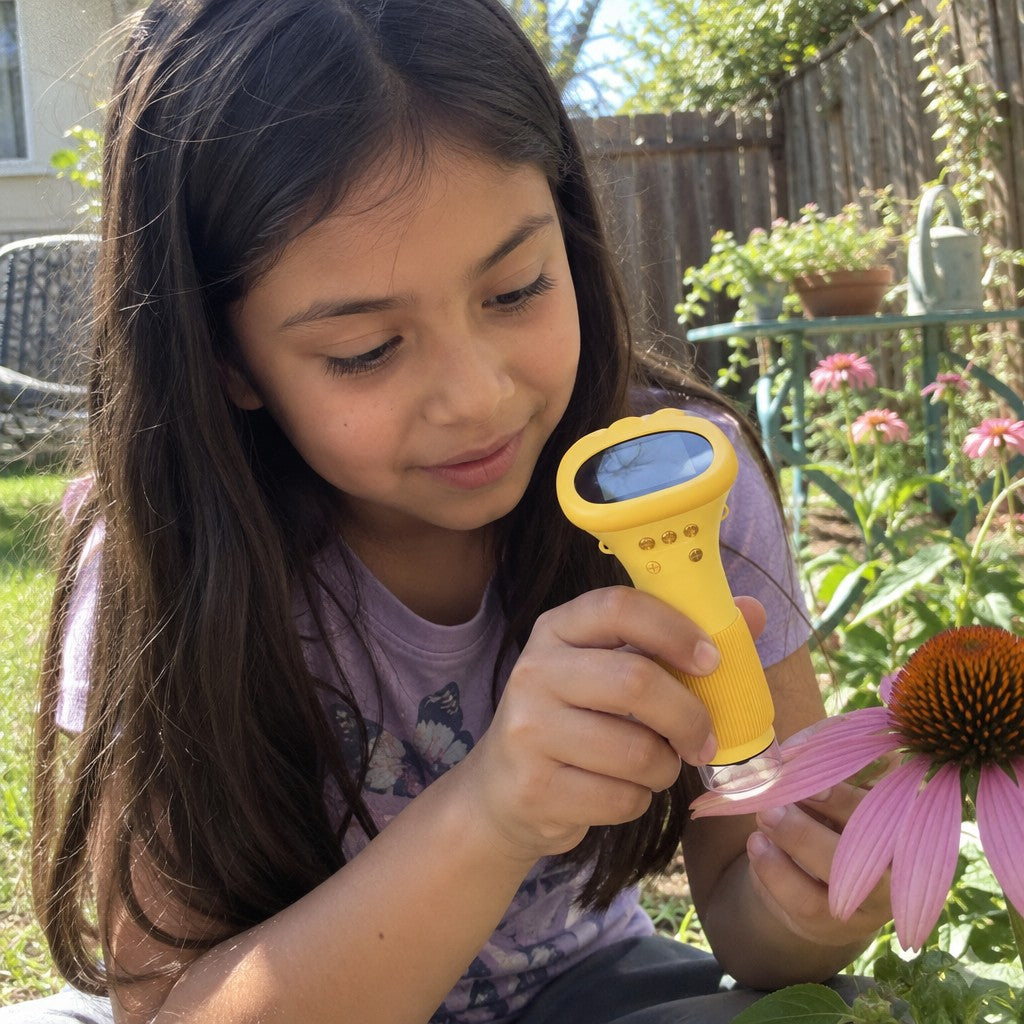 Girl outside holding the yellow scope over a flower petal